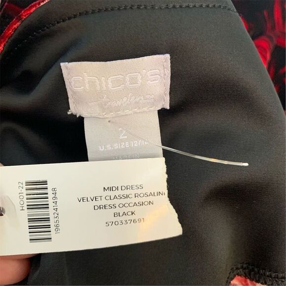 Chico's Women's Black Velvet Midi Dress Red Rose Print Size 2 Formal - Picture 4 of 7